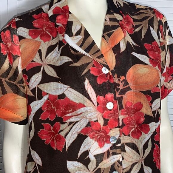 Vintage 90’s Semi Sheer Double Layered Brown Floral Button Down Blouse 14P - Picture 2 of 14